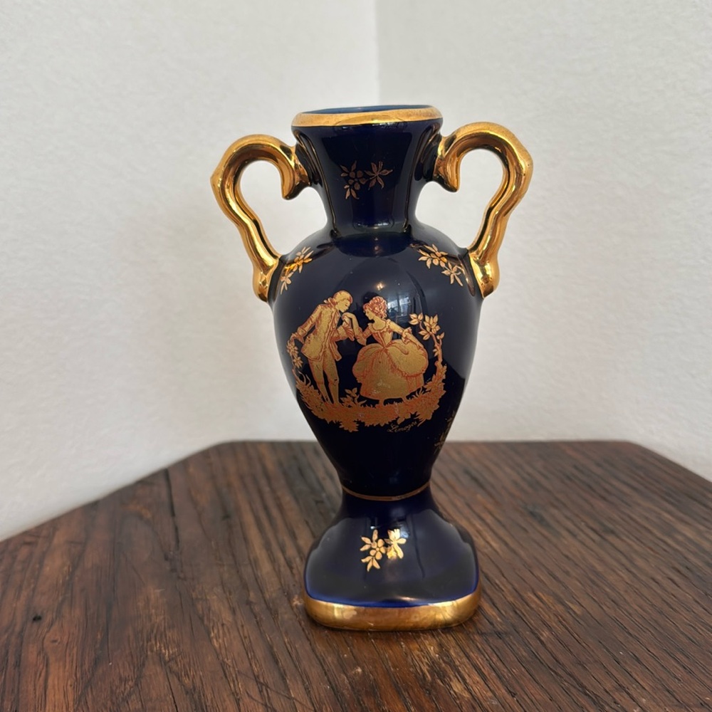Vintage Limoges France Blue & Gold Vase